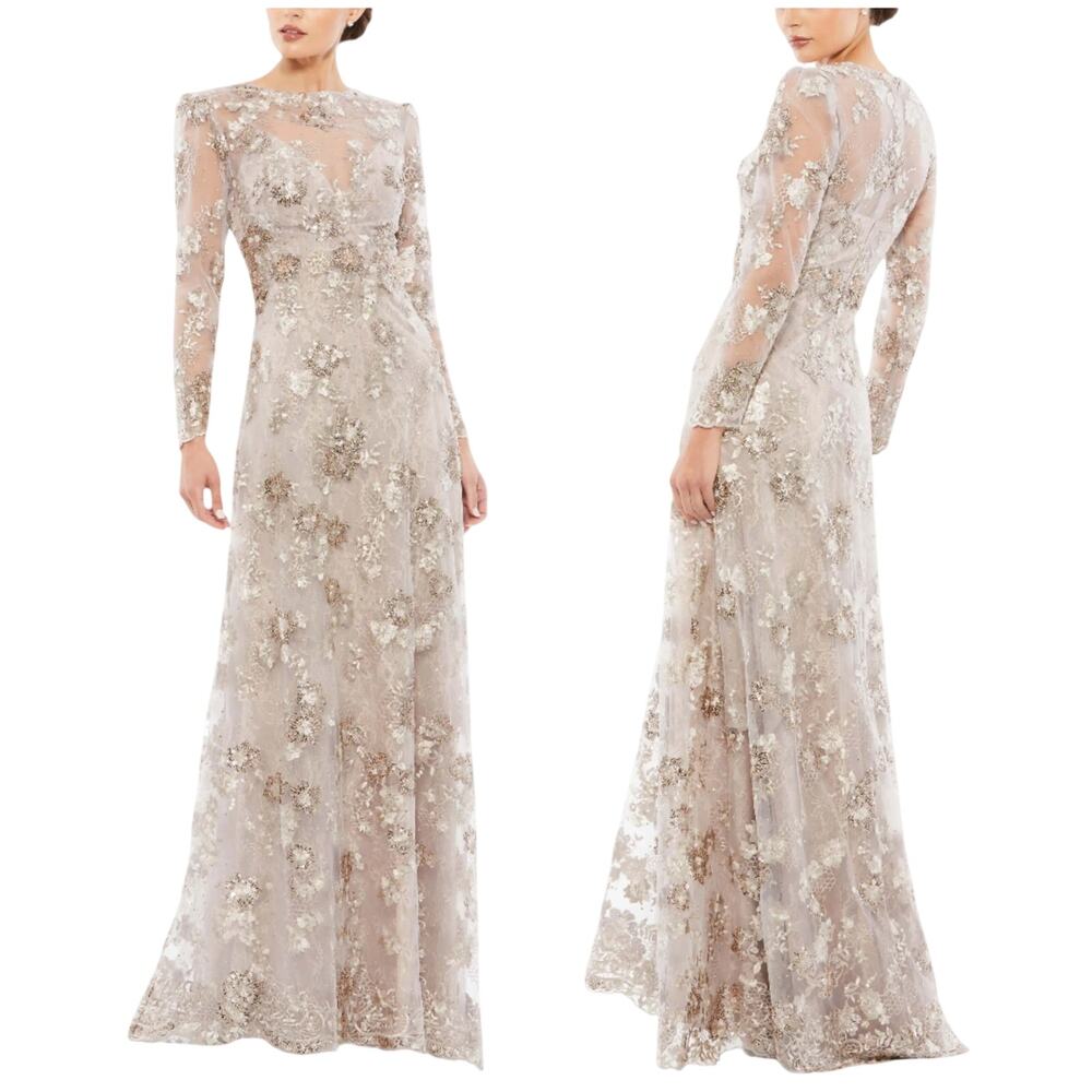 Mac Duggal Silver Champagne Embellished Lace Maxi Gown